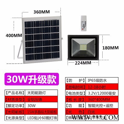 30W太陽能LED投光燈 戶外照明路燈 太陽能路燈 庭院 公園 道路 魚塘用照明燈