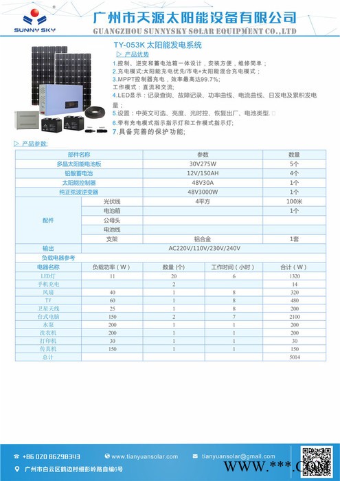 SunnySky太陽能離網發電系統TY-053K