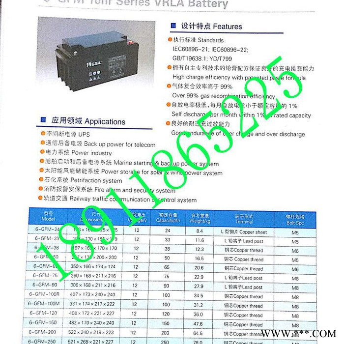 風帆工業電瓶 ，6-GFM-100 10小時率系列閥控密封蓄電池，設備專用電源，太陽能電瓶